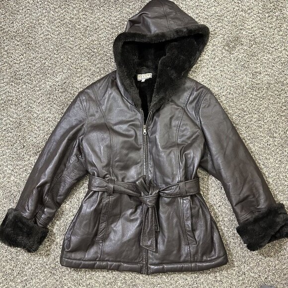 Wilsons Leather Pelle Studio Hooded Faux Fur Trim Lined Jacket Penny Lane Size M